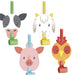 Four colorful farm animal blowouts with rolled paper tubes and animal-shaped heads including a cow, goat, pig, and owl in green, yellow, blue, and red.
