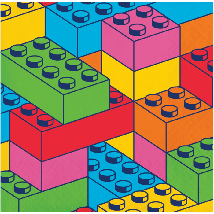 Isometric illustration of colorful stacked building blocks in green, red, pink, blue, yellow, and orange with blue studs on top, arranged in a three-dimensional pattern.