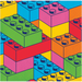 Isometric illustration of colorful stacked building blocks in green, red, pink, blue, yellow, and orange with blue studs on top, arranged in a three-dimensional pattern.