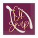 Burgundy napkins with white utensil illustrations and gold script reading "Oh Snap" in the center.