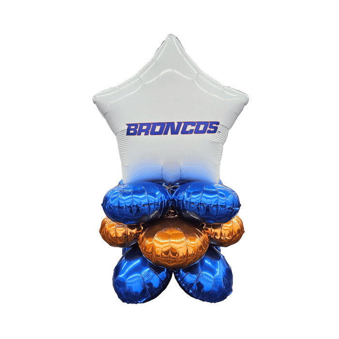 White star-shaped foil balloon with blue "BRONCOS" text at top, surrounded by four blue round balloons and one orange round balloon clustered below.