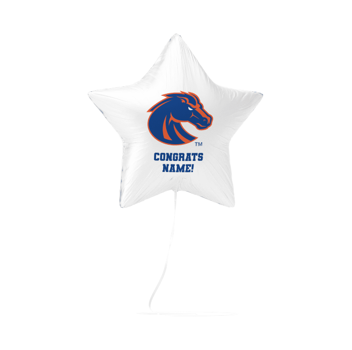 White star-shaped foil balloon featuring a blue horse head logo with orange outline and "CONGRATS NAME!" text in blue.