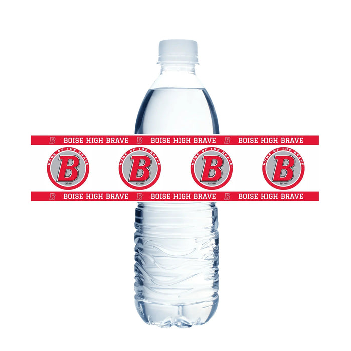 Two plastic water bottles wrapped with red and white Boise High Brave school spirit labels featuring the "B" logo and school name repeated across the band.