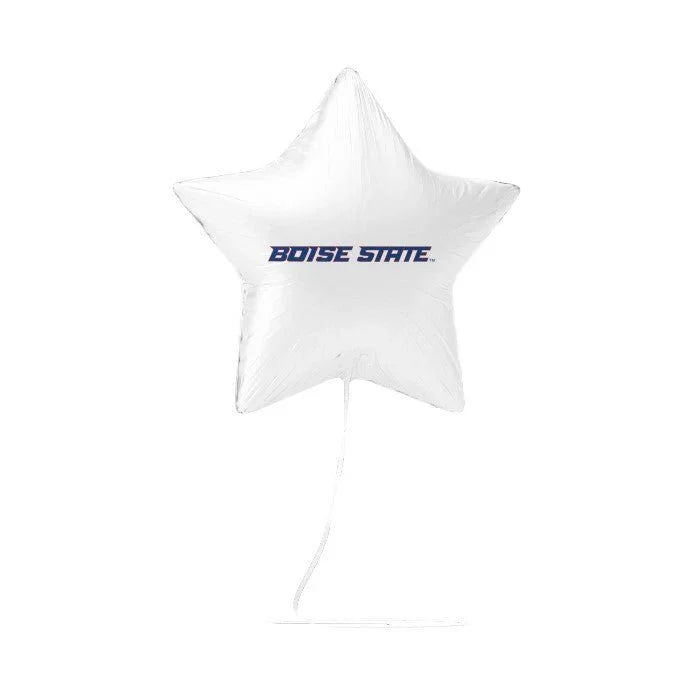 White star-shaped mylar balloon with "Boise State" text printed in dark blue, featuring a string attached at the bottom.