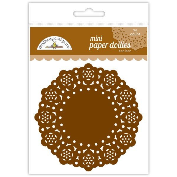 Brown paper doilies with decorative cutout flower and dot patterns arranged in a circular design, 75 count package shown on white background.