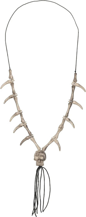 Silver-toned bone claw necklace with a skull pendant at center and black cord tassel hanging below, displayed against a white background.