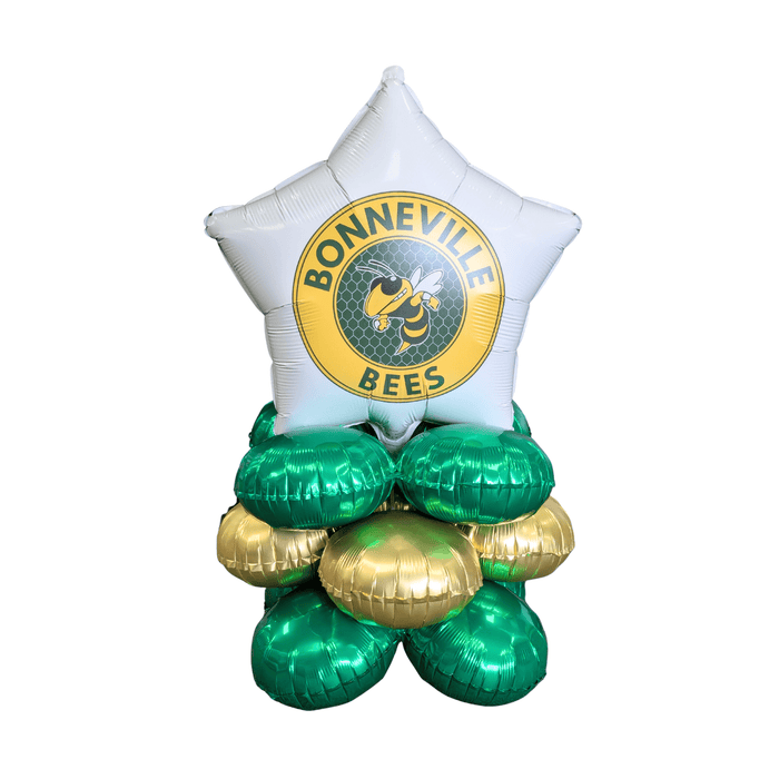 White star-shaped foil balloon with yellow and green Bonneville Bees logo featuring a bee illustration, supported by four green and gold metallic round balloons arranged as a decorative cluster.