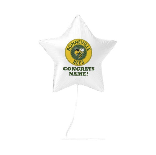 White star-shaped foil balloon featuring a yellow circular Bonneville Bees logo at the top and green text reading "CONGRATS NAME!" below it.
