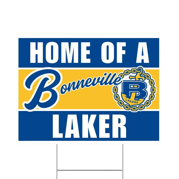 Bonneville Lakers yard sign with blue and gold horizontal stripes featuring the school name, Bonneville script text, and circular Lakers logo with chain border design.