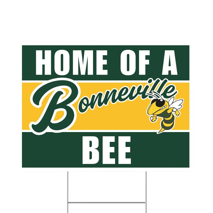 Green and yellow yard sign with "Home of a Bonneville Bee" text and a cartoon bee mascot illustration.