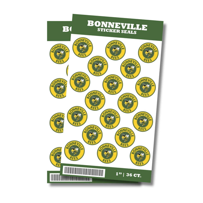 Sheet of 36 yellow and green circular Bonneville Bees sticker seals, each 1 inch, arranged in rows on green-bordered packaging.