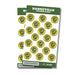 Sheet of 36 yellow and green circular Bonneville Bees sticker seals, each 1 inch, arranged in rows on green-bordered packaging.