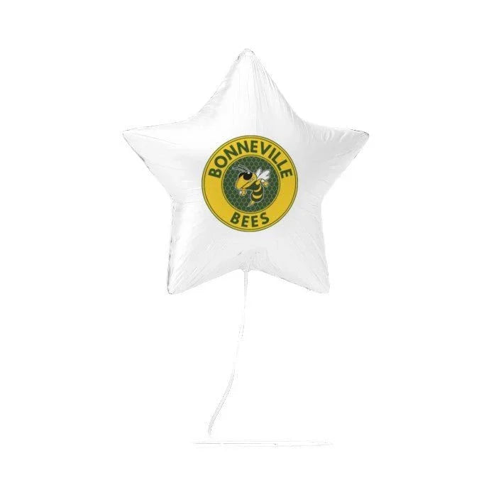 White star-shaped mylar balloon with a yellow and green Bonneville Bees circular logo in the center.