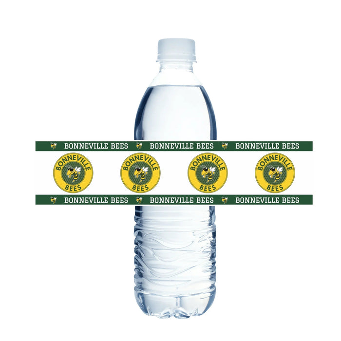 Clear plastic water bottle wrapped with green and gold Bonneville Bees label bands featuring four circular yellow bee logos and repeated "Bonneville Bees" text.