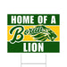 Green and yellow yard sign reading "Home of a Borah Lion" with a stylized green lion head logo in the center on a yellow stripe.
