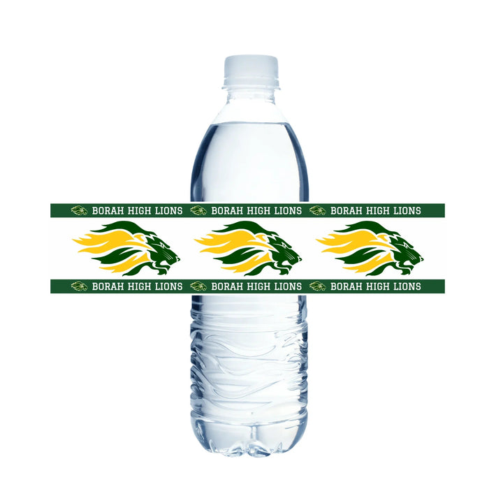 Clear plastic water bottle wrapped with green and gold Borah High Lions branded label band featuring the lion mascot logo repeated three times.