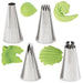 Four stainless steel piping tips with varying designs displayed alongside green frosting samples showing the patterns each tip creates.