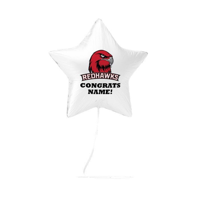White star-shaped balloon with red and black design and text on a white background