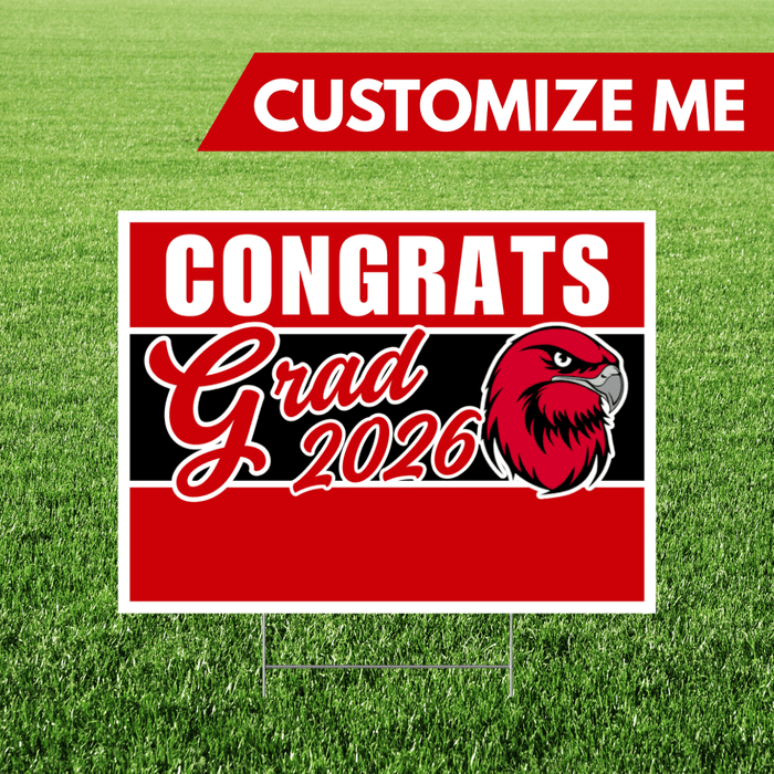 Graduation-themed sign with 'Congrats Grad 2026' on a grass background