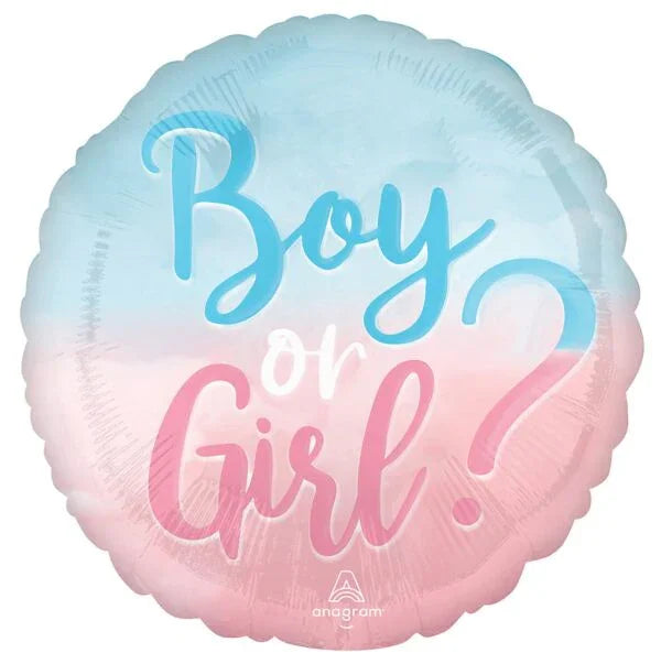 Round mylar balloon with blue upper half and pink lower half, displaying "Boy or Girl?" in cursive text.