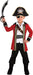 Child's pirate captain costume featuring a red coat with gold trim, black tricorn hat with skull emblem, eye patch, white shirt, black pants, and curved sword accessory.