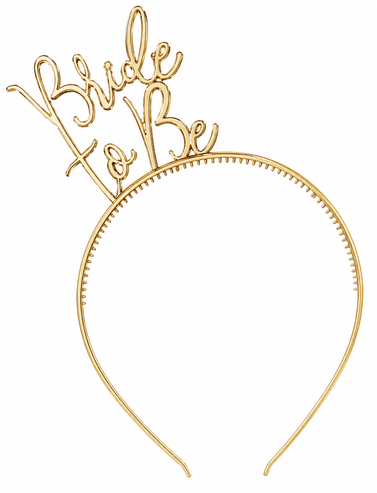 Gold wire headband with looping script text reading "bride to be" and decorative flourishes, featuring a beaded rim detail along the base.