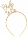 Gold wire headband with looping script text reading "bride to be" and decorative flourishes, featuring a beaded rim detail along the base.