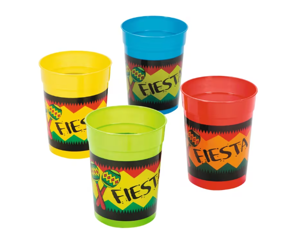 Four colorful plastic cups in yellow, lime green, blue, and red with fiesta-patterned bands featuring geometric designs and "FIESTA" text arranged in a group.