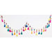 Colorful tassel garland with rainbow-hued tassels in pink, blue, yellow, green, and purple hanging from a string in two curved swoops against a white background.