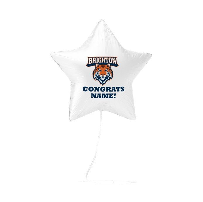 White star-shaped mylar balloon featuring the Brighton High School tiger logo and "CONGRATS NAME!" text in navy blue and orange.