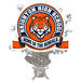 Orange and navy blue school logo centerpiece featuring a tiger head with "Brighton High School" text and "Home of the Bengals" banner, mounted on a silver wrapped base with stars and ribbons.