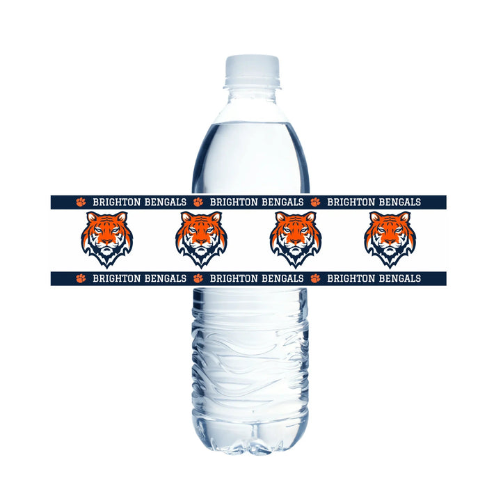 Two plastic water bottles wrapped with navy and orange Brighton Bengals themed bands featuring tiger head logos and repeated text.
