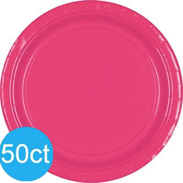 Bright pink paper dinner plates shown from above with embossed rim detail, pack of 50 count.
