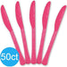 Five bright pink plastic knives with textured handles displayed in a fan arrangement with a blue circle labeled "50ct" in the lower left corner.