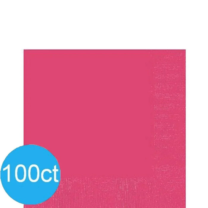Bright pink paper napkins arranged in a square stack with a blue circle badge in the lower left corner displaying "100ct".