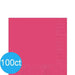 Bright pink paper napkins arranged in a square stack with a blue circle badge in the lower left corner displaying "100ct".
