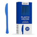 Blue heavy duty plastic knife displayed next to its packaging box labeled "Plastic Knives" with "20 count" indicated on the front.