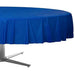 Bright royal blue round tablecloth draped over a gray cantilever table base against a white background.