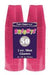 Two stacks of bright pink plastic 2-ounce shot glasses labeled "Brights" with a purple banner showing "50" and text indicating fifty two-ounce shot glasses included.