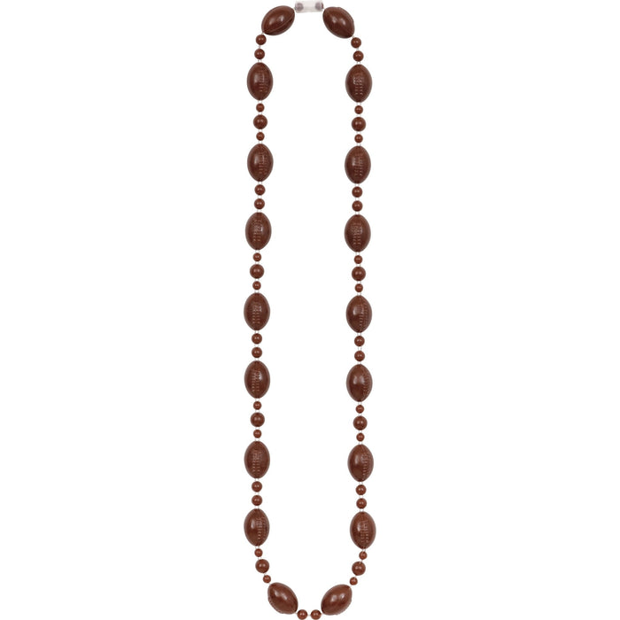 Long brown beaded necklace with alternating large oval beads featuring football lace texturing and smaller round spacer beads throughout, ending with two larger oval beads at the bottom.