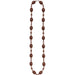Long brown beaded necklace with alternating large oval beads featuring football lace texturing and smaller round spacer beads throughout, ending with two larger oval beads at the bottom.