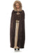 Brown textured hooded cape with faux fur trim worn over a cream and gold brocade dress, displayed on a model against white background.