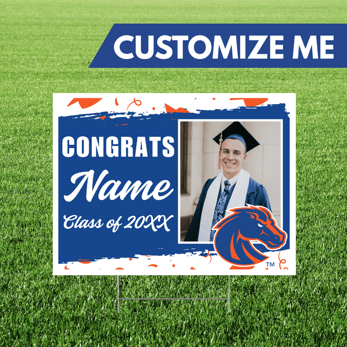 Customizable graduation yard sign featuring blue and orange colors with space for a photo and graduate's name, displaying a Boise State University bronco logo.
