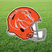 Red football helmet with a silver horse logo on a white background, mounted on a yard sign stake against green grass.