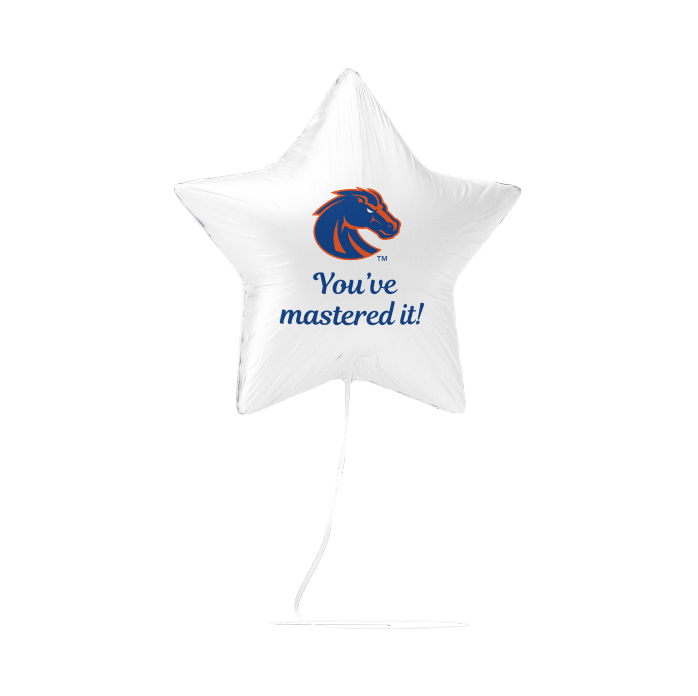 White star-shaped foil balloon featuring a blue horse logo and the text "You've mastered it" printed in blue.