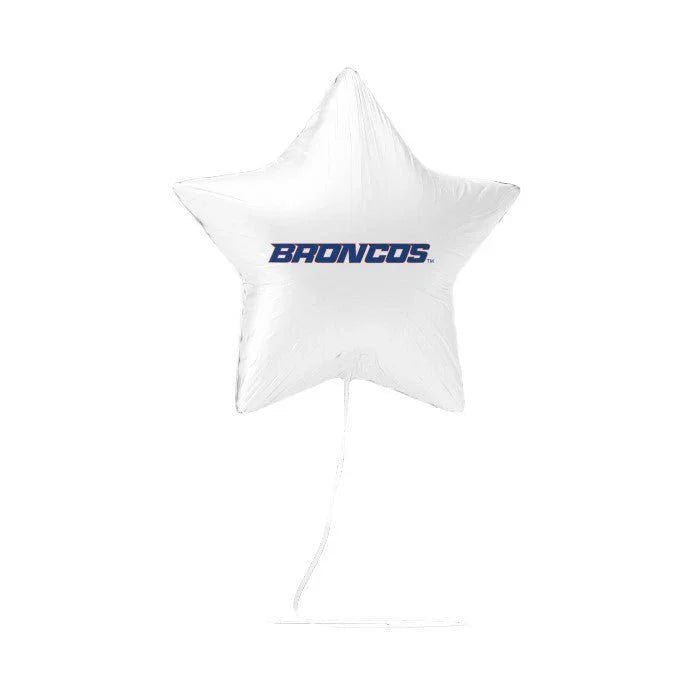 White star-shaped mylar balloon with blue Broncos wordmark text printed in the center.