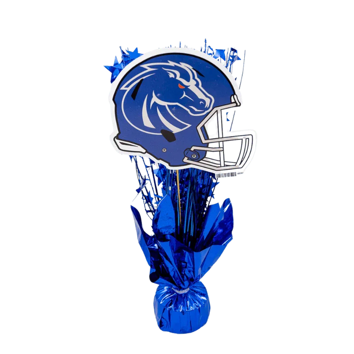 Blue football helmet with bronco logo mounted on a blue foil-wrapped base with decorative spray elements extending upward.