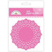 Bright pink decorative paper doilies with intricate floral cutout patterns, displayed in retail packaging against a white background.