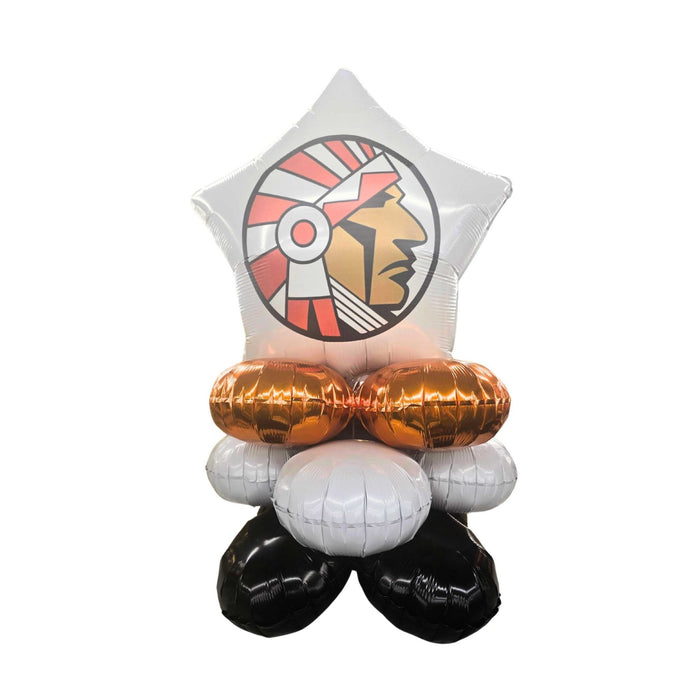 Stacked balloon quad featuring a silver star-shaped balloon on top with a Native American chief logo, two copper-colored round balloons, one white round balloon, and two black round balloons at the base.
