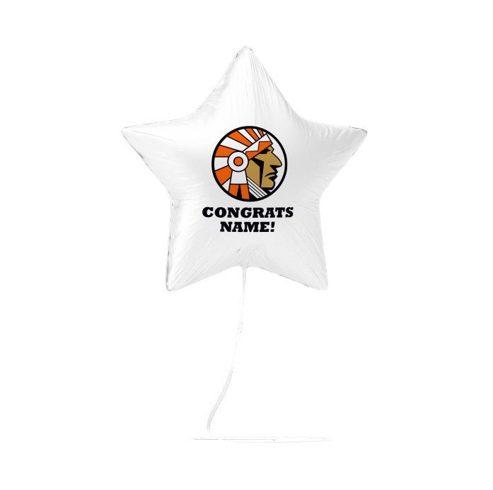 White star-shaped foil balloon featuring a Native American head logo in orange and brown with "CONGRATS NAME!" text printed below.